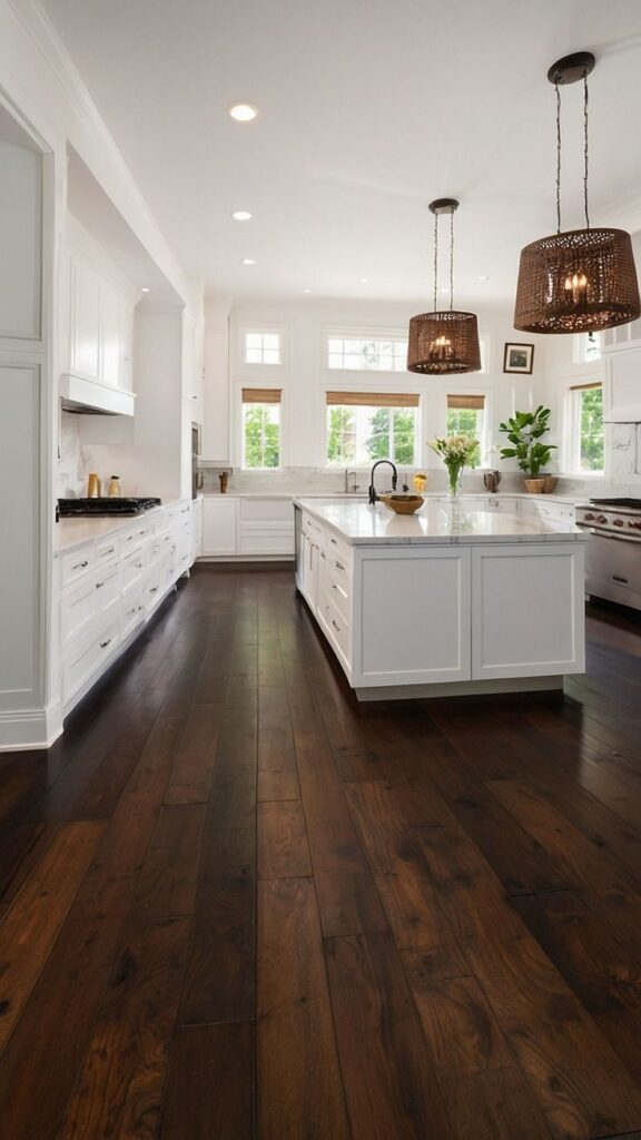 Spacious modern kitchen with white cabinets, large island, dark wood flooring, and pendant lighting.