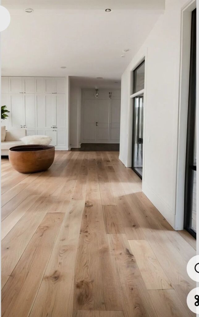 Modern living room with natural wood flooring, white walls, and minimalist decor for a spacious, airy feel.