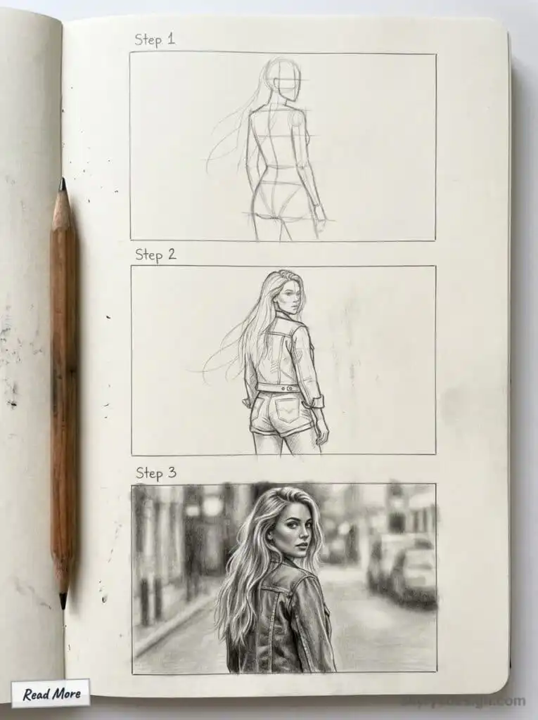 Step-by-step pencil drawing of a woman: Basic outline, refined sketch, final realistic portrait. Pencil beside sketchbook.