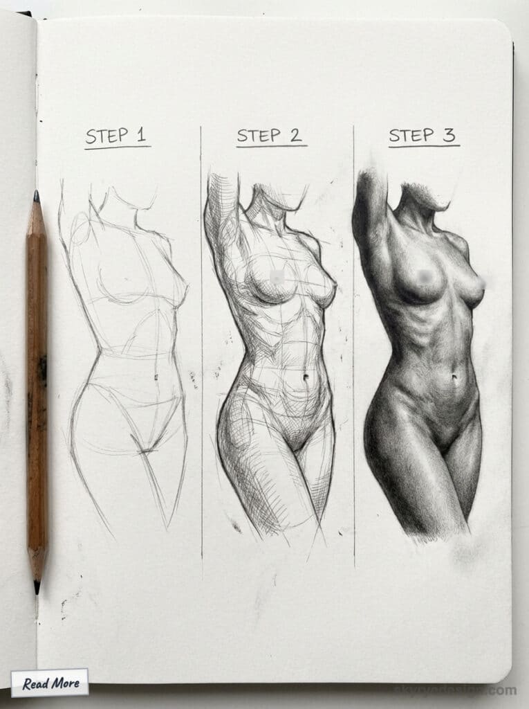Frame 427321148 Three-step guide to sketching a female torso, from outline to detailed shading. Pencil and paper art tutorial for beginners. | Sky Rye Design Three-step guide to sketching a female torso, from outline to detailed shading. Pencil and paper art tutorial for beginners.