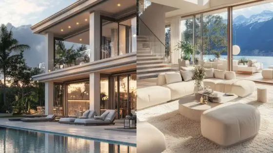 From Drab to Fab Luxury modern villa with poolside view and elegant, spacious living area overlooking mountains and lake. | Sky Rye Design Luxury modern villa with poolside view and elegant, spacious living area overlooking mountains and lake.