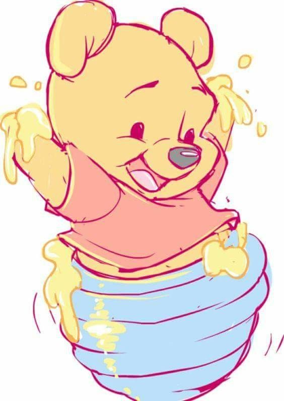 Cartoon bear happily covered in honey while playing in a blue pot, wearing a red shirt.