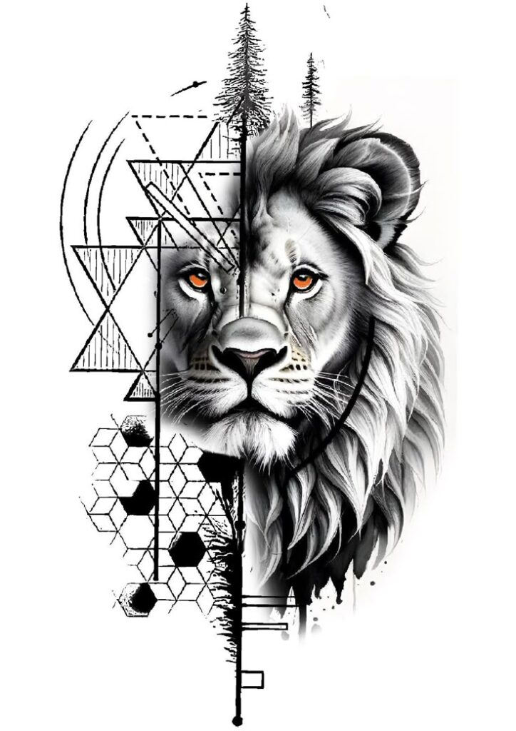 Geometric lion art with intricate shapes, triangles, and hexagons blending nature and geometry in black and white.