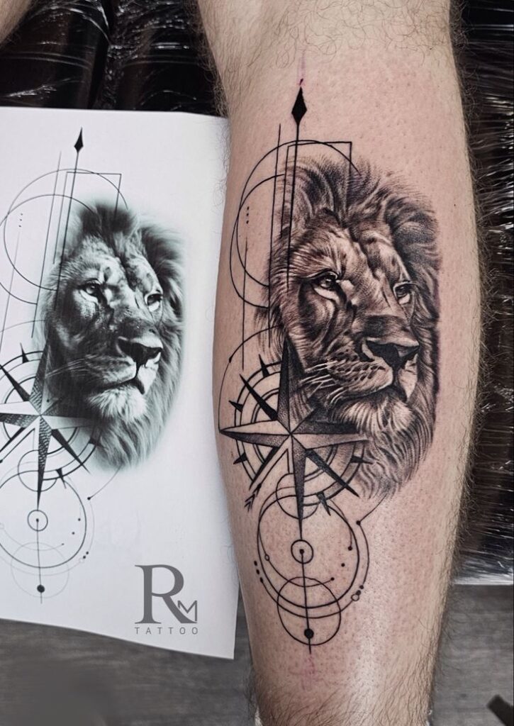 Lion tattoo design with compass elements on forearm, showcasing a blend of realism and geometric patterns.