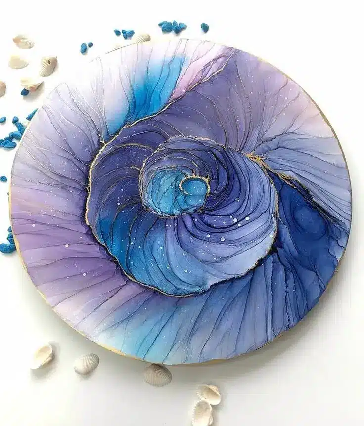 Abstract ocean-themed artwork with blue and purple swirling patterns, resembling a seashell. White background with shells.