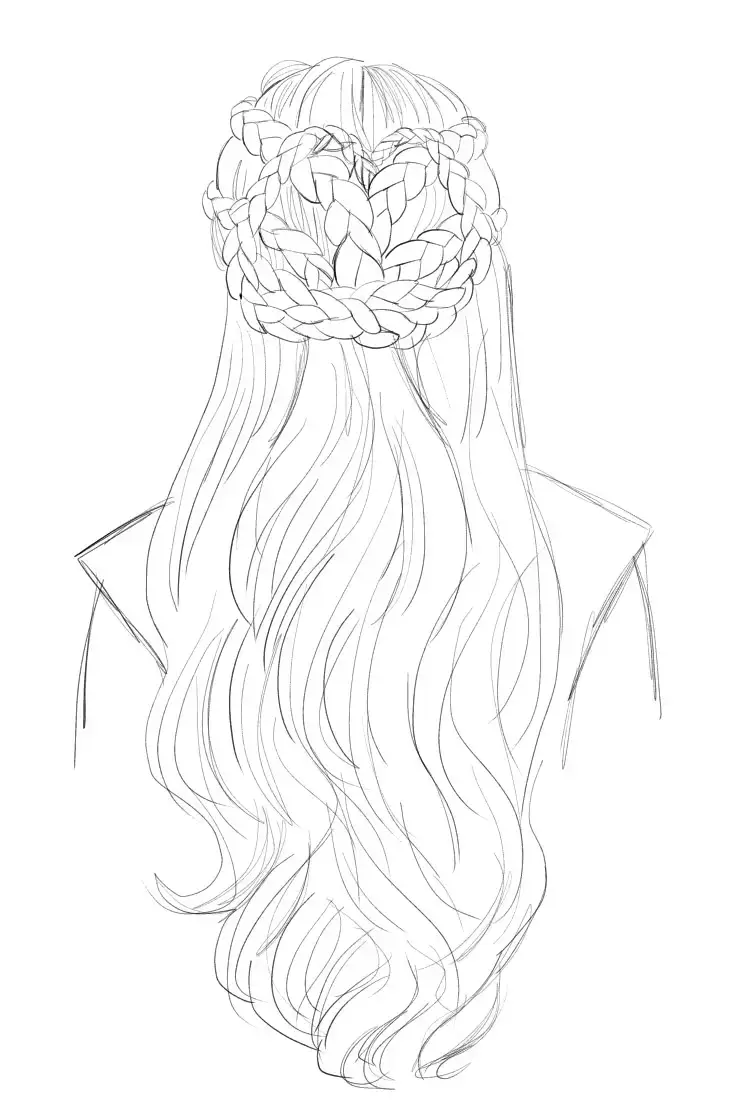 Intricate braided updo sketch with long flowing hair, detailed pencil drawing from the back view.