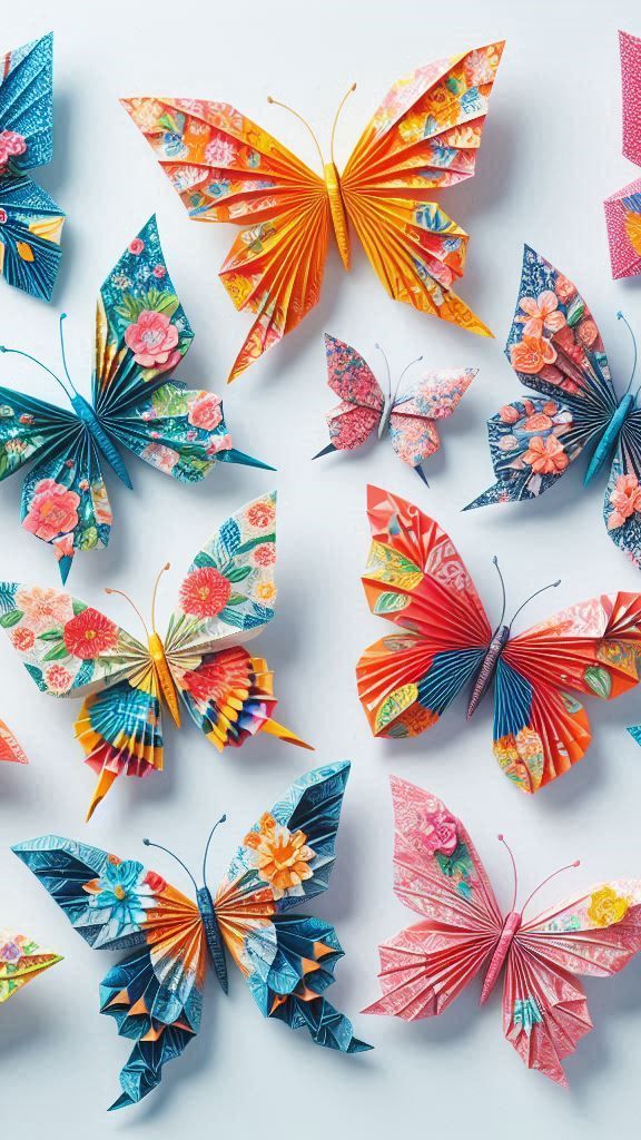 Colorful origami butterflies with floral patterns, showcasing intricate paper art against a light background.