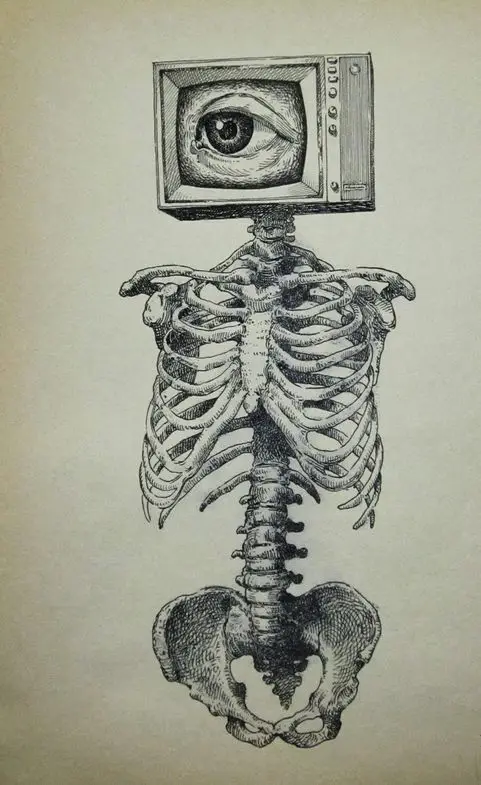 Surreal art: skeleton body with TV screen head featuring an eye. Conceptual illustration of media and perception.