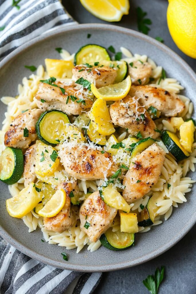 Lemon chicken with zucchini and pasta, garnished with parsley and lemon slices, served on a gray plate.