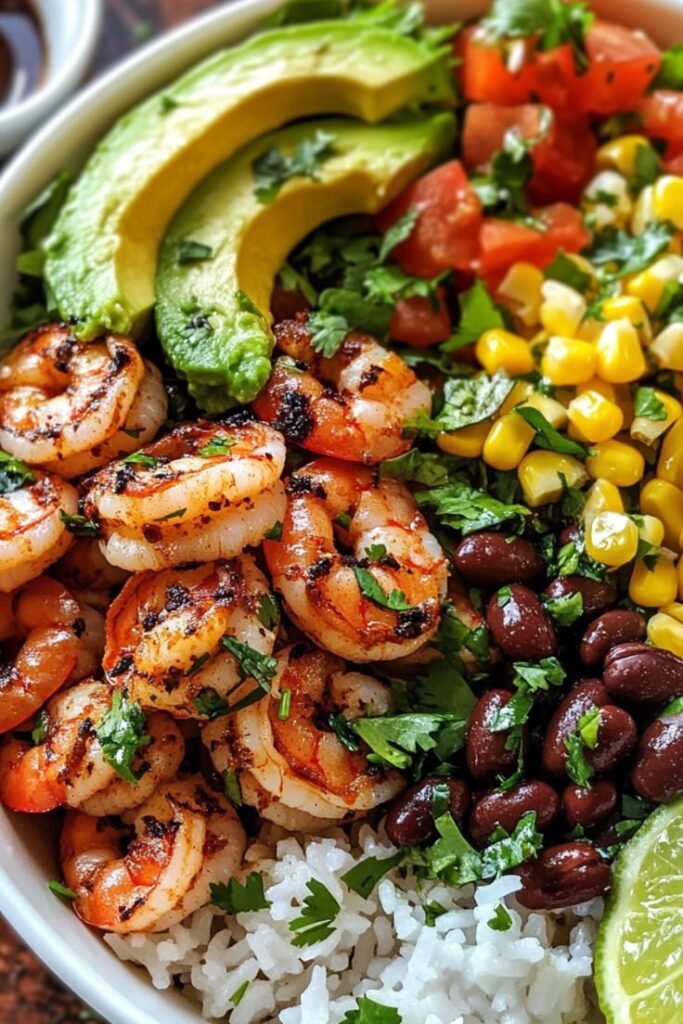 Grilled shrimp bowl with avocado, black beans, corn, tomato, and cilantro over rice, garnished with lime.