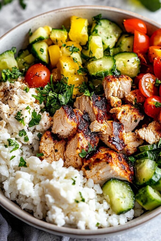 Healthy bowl with grilled chicken, rice, cucumber, tomatoes, and feta cheese. Fresh and colorful meal for lunch.