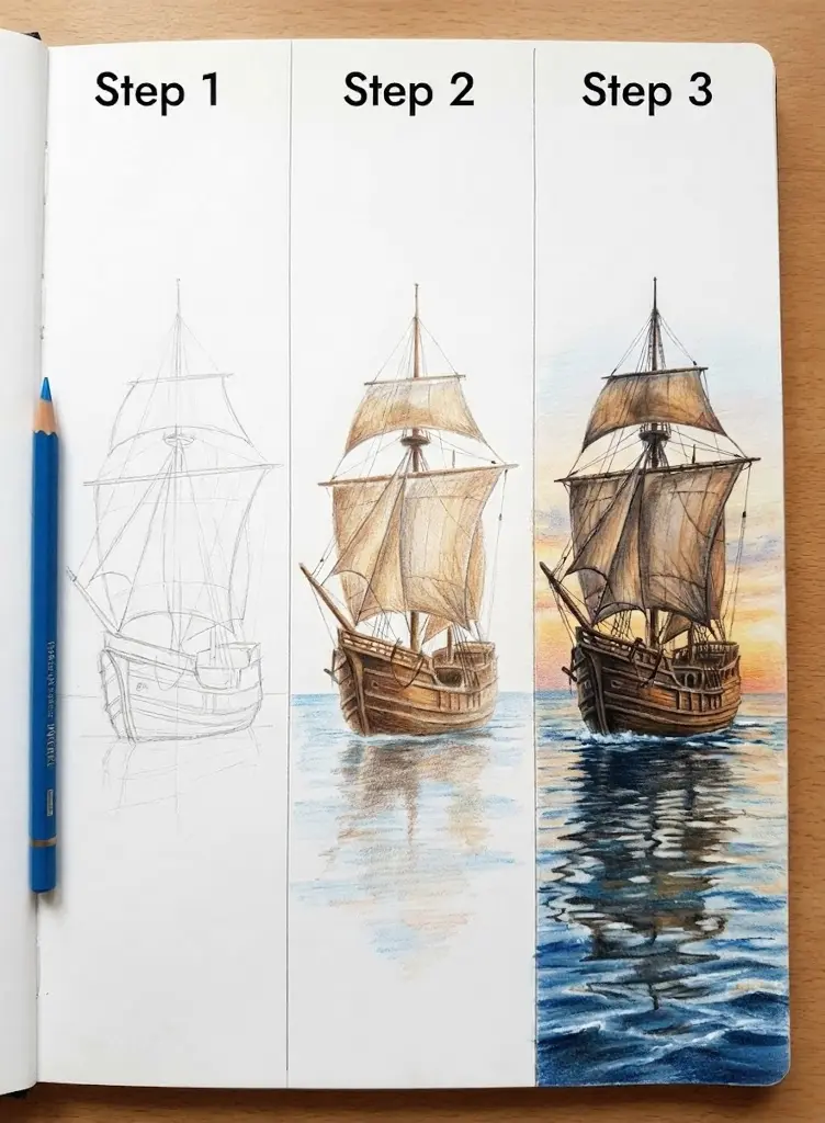 Step-by-step colored pencil tutorial: progression from sketch to detailed sailing ship with realistic water reflection.