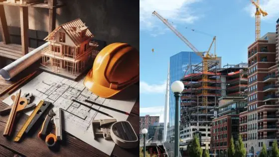 How 10 K-Rail Barriers Are Used in Construction Site Safety Top 5 Compliance Practices Architectural plans with tools and hard hat, next to urban construction site with cranes and skyscrapers. | Sky Rye Design Architectural plans with tools and hard hat, next to urban construction site with cranes and skyscrapers.