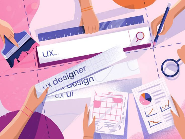 Illustration of diverse hands collaborating on UX design, featuring graphs, rulers, and design sketches.