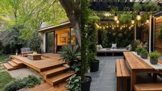 How Wooden Sleepers Add Character and Style to Garden Modern backyard patio design with wooden deck, fire pit, pergola, string lights, and lush greenery. | Sky Rye Design Modern backyard patio design with wooden deck, fire pit, pergola, string lights, and lush greenery.
