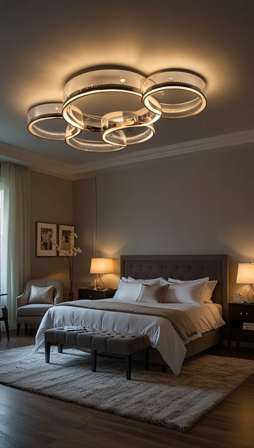 Elegant modern bedroom with a stylish circular chandelier, cozy bed, and ambient lighting.