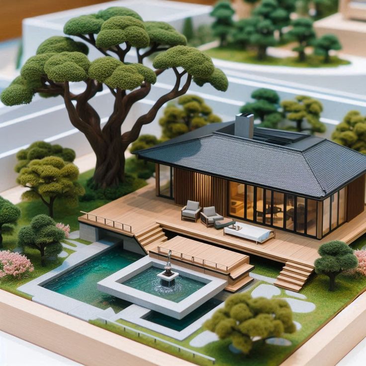 Modern architectural model with landscaped garden, pool, and patio, featuring a sleek wooden house and large tree.