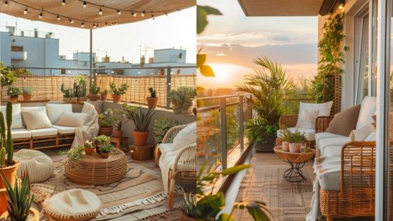 Cozy rooftop terrace and balcony with lush plants, wicker furniture, and sunset view. Perfect for relaxation.