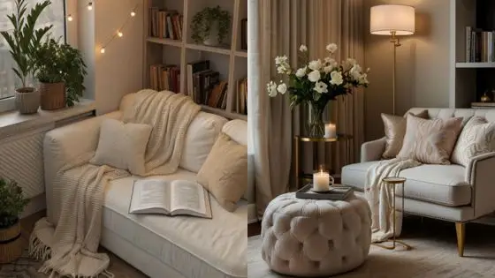 How to Create a Cozy Reading Area on Your Home Patio Cozy living room with white sofas, cushions, and elegant decor in warm lighting for a relaxing atmosphere. | Sky Rye Design Cozy living room with white sofas, cushions, and elegant decor in warm lighting for a relaxing atmosphere.