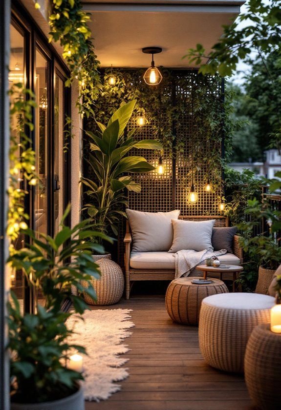 Cozy balcony with plants, warm lighting, wicker furniture, and a rug, perfect for relaxing evenings outside.