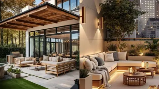 How to Design an Outdoors Living Space with Comfortable Ambiance Modern outdoor patio designs with cozy seating, ambient lighting, and lush greenery for a tranquil retreat. | Sky Rye Design Modern outdoor patio designs with cozy seating, ambient lighting, and lush greenery for a tranquil retreat.
