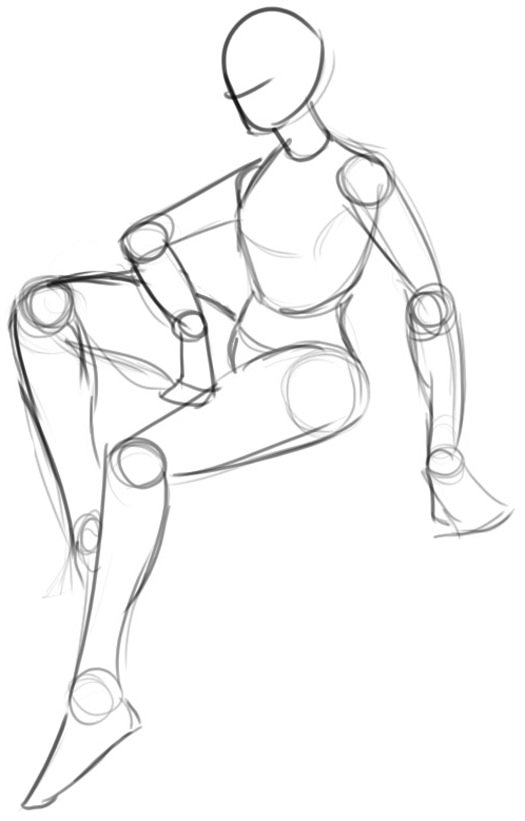 Sketch of a sitting mannequin figure, showcasing human form and proportions in a relaxed pose.