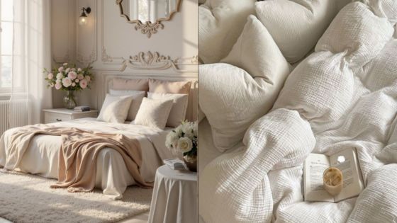 Elegant bedroom with cozy beige bedding, pillows, and books on a textured blanket. Perfect for relaxation and decor inspiration.