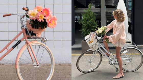 Two stylish bicycles with baskets of flowers, one parked and one ridden by a woman in a pink dress.