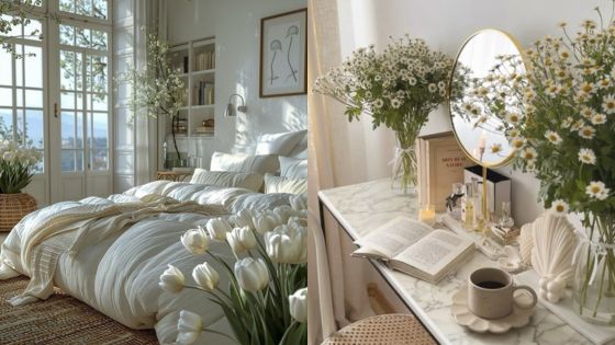 Cozy bedroom with white bedding, soft lighting, fresh tulips, and a vanity table with flowers and a book.