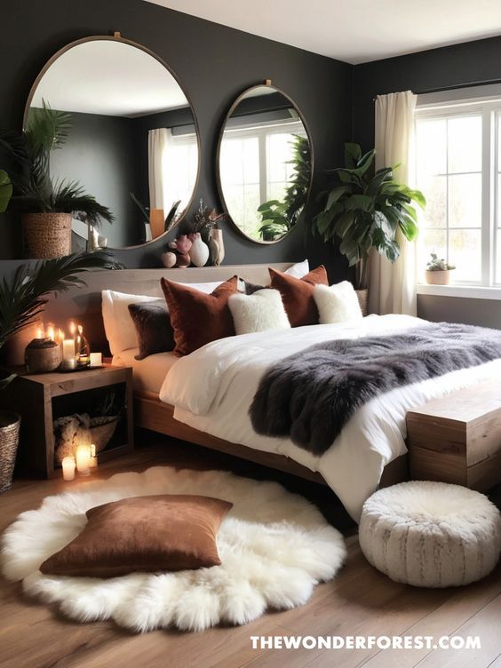 Cozy modern bedroom with plush bedding, decorative pillows, plants, and round mirrors on dark walls.