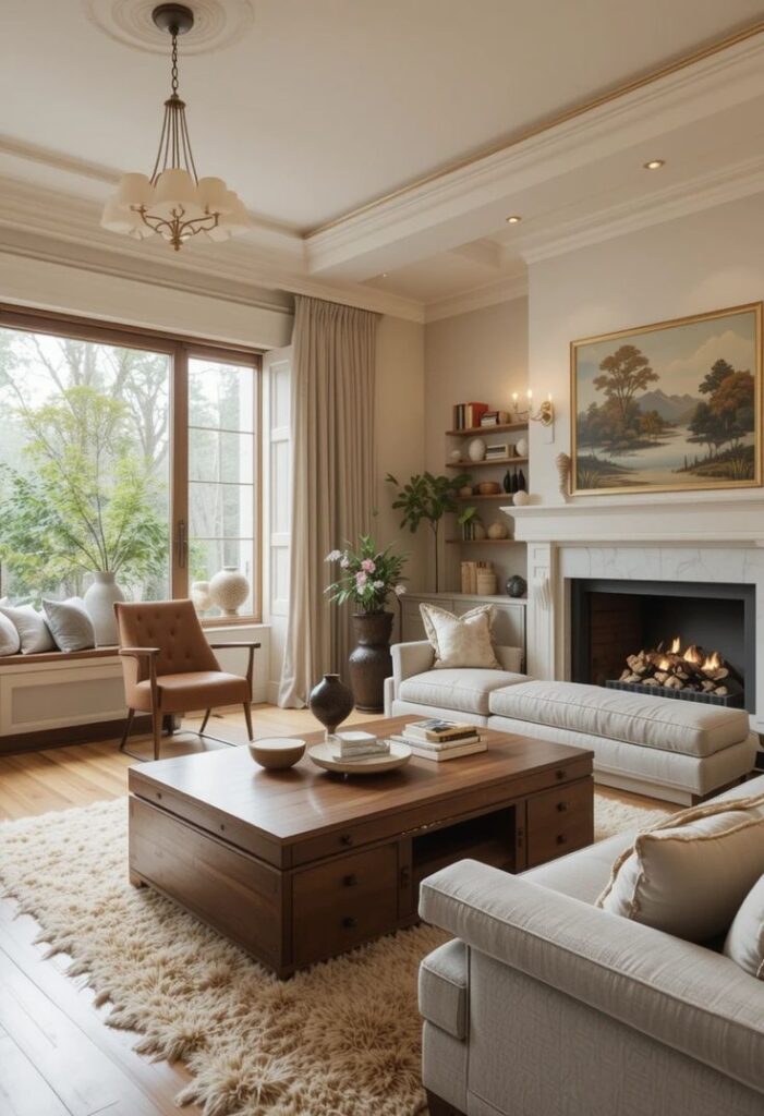 Elegant living room with fireplace, large window, cozy seating, and stylish decor.