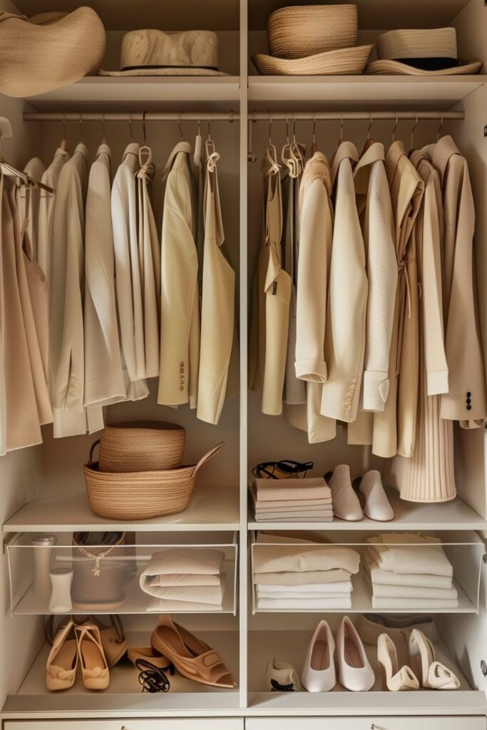 Neatly organized closet with beige clothing, hats, and shoes for minimalist fashion inspiration.