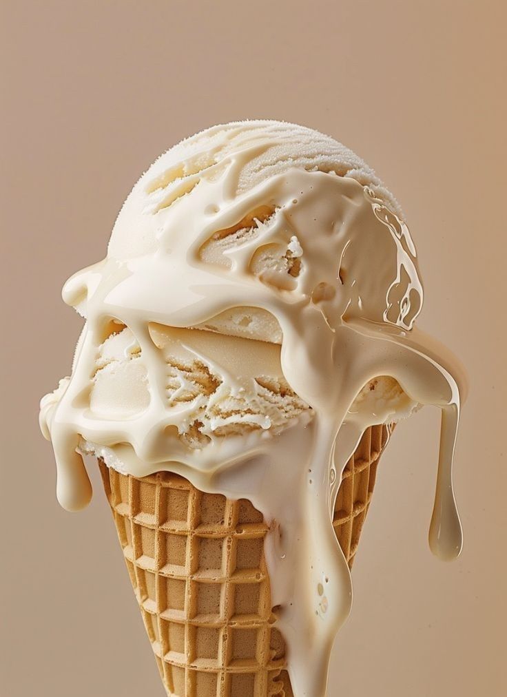 Creamy vanilla ice cream dripping on a waffle cone against a neutral background.