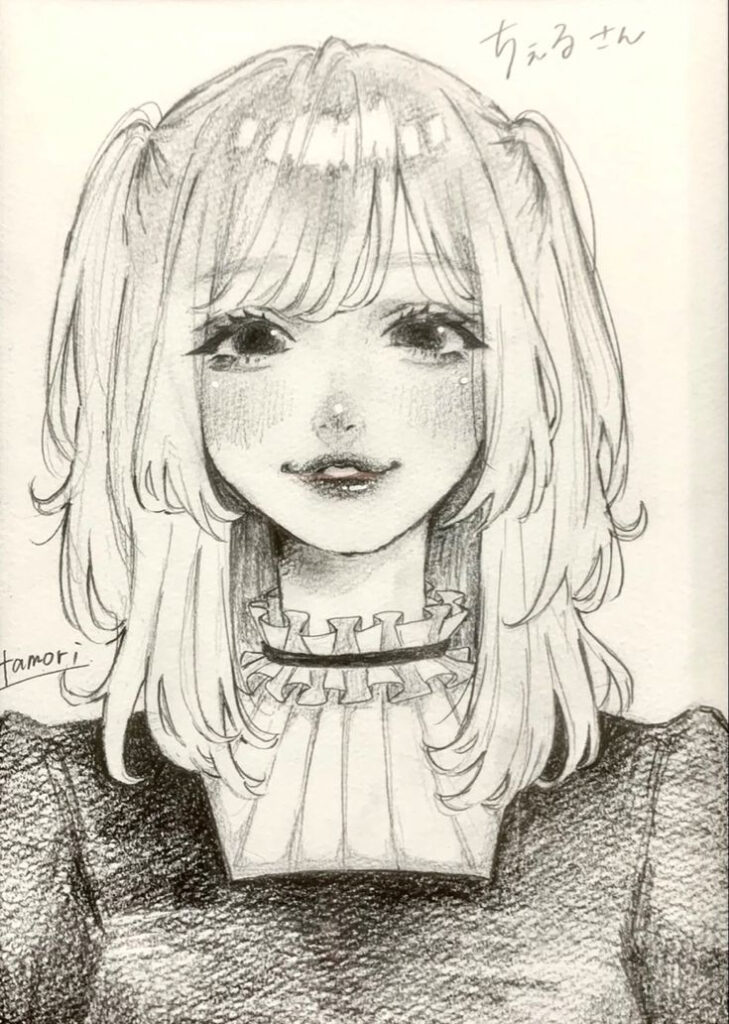 Anime-style sketch of smiling girl with long hair and ruffled collar, drawn in pencil.