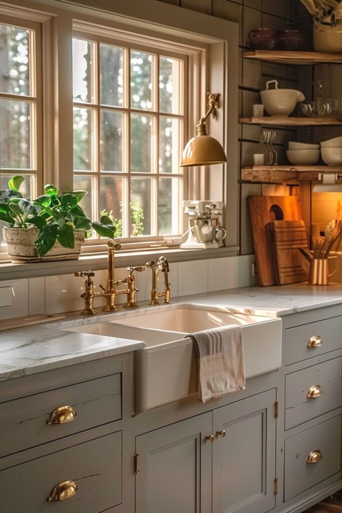 Rustic kitchen with farmhouse sink, brass fixtures, and open shelves by a sunlit window with potted plants.