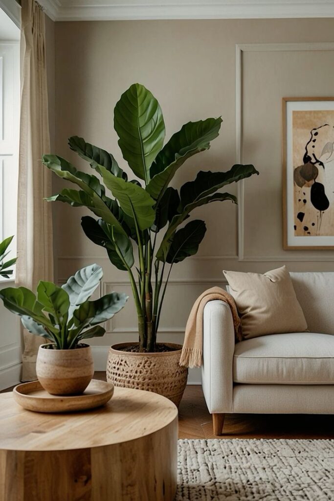 Modern living room with large indoor plant, cream sofa, round wooden table, and abstract wall art. Cozy and stylish decor.