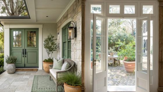 Charming home entrance with green doors and stone walls, overlooking a sunny garden through open French doors.