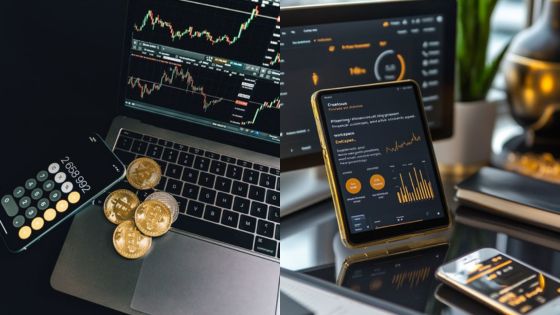 Cryptocurrency trading interface on laptop and tablet with Bitcoin and financial charts in a modern office setting.