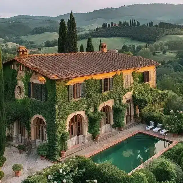 Italian dream home 🏡 Charming villa covered in ivy with a pool, set in the rolling hills of Tuscany, Italy. | Sky Rye Design Charming villa covered in ivy with a pool, set in the rolling hills of Tuscany, Italy.