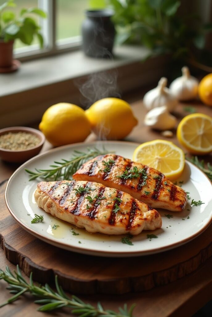 Grilled chicken breasts with herbs, lemon, and garlic on a wooden table near a window. Perfect healthy meal setting.