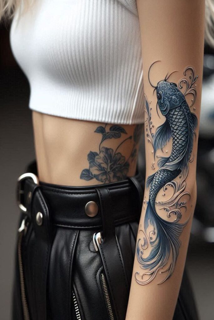 Arm with blue koi fish and floral tattoos, woman in white crop top and black leather skirt.