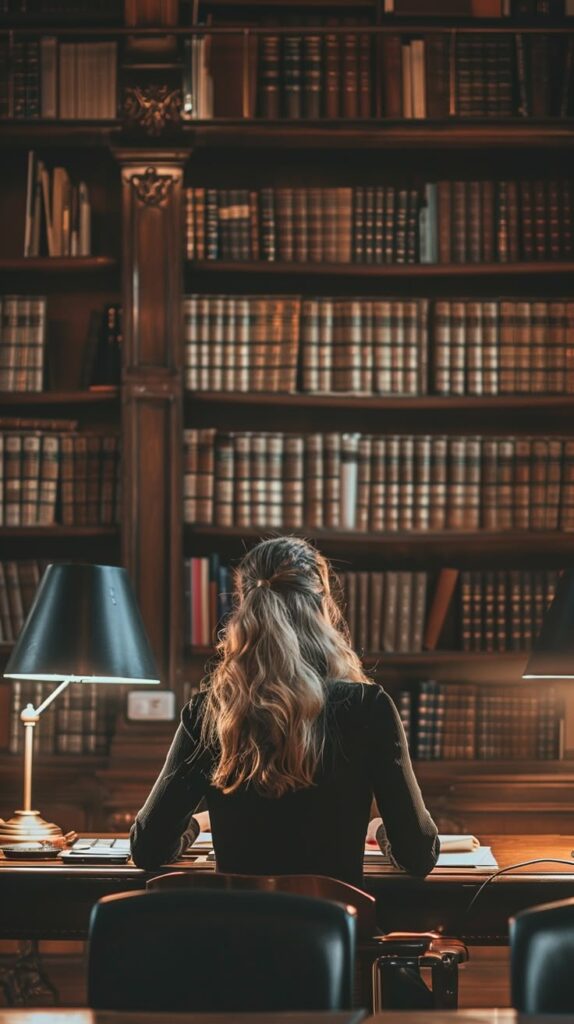 Woman studying in a dimly lit library with bookshelves filled with books, seated at a desk with lamps.