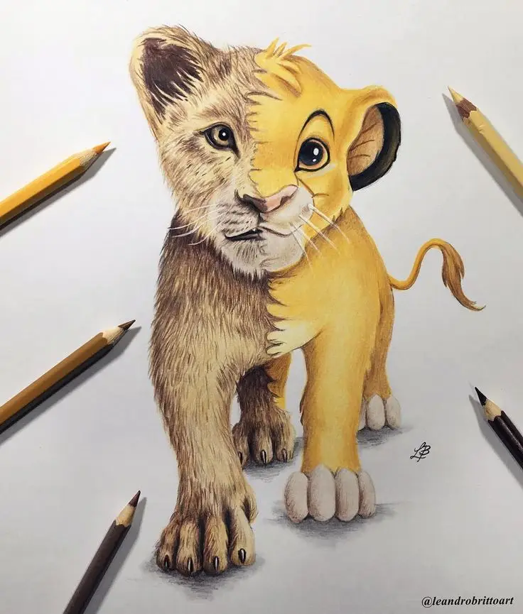 Leandro Britto ✍ on Instagram_ Inktober 31 Simba Half realistic, half cartoon lion cub drawing with colored pencils on a white background. | Sky Rye Design Half realistic, half cartoon lion cub drawing with colored pencils on a white background.