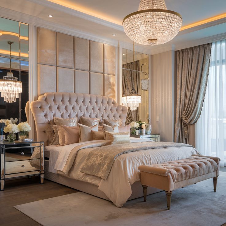 Luxurious bedroom with chandelier, tufted headboard, elegant bedding, and mirrored nightstand for a sophisticated look.