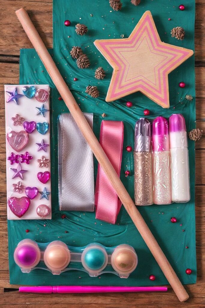 Craft supplies on green cloth: glitter bottles, ribbons, wooden stick, decorative gems, small pinecones, and colorful baubles.