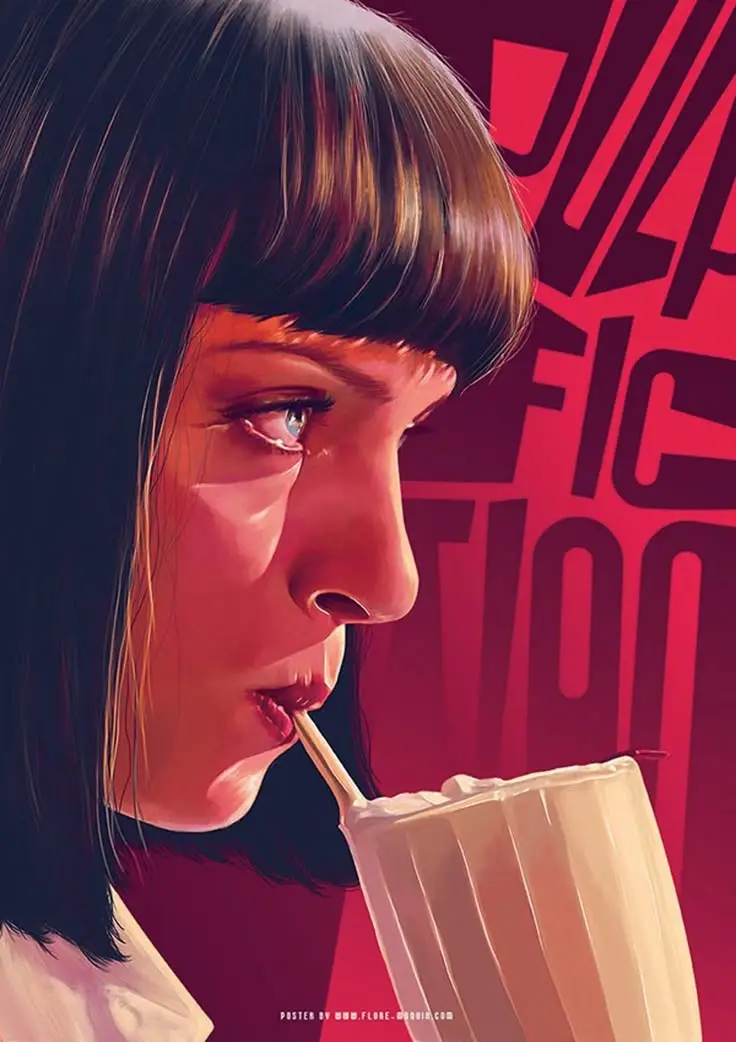 Woman sipping milkshake with red Pulp Fiction text background, retro art style poster.