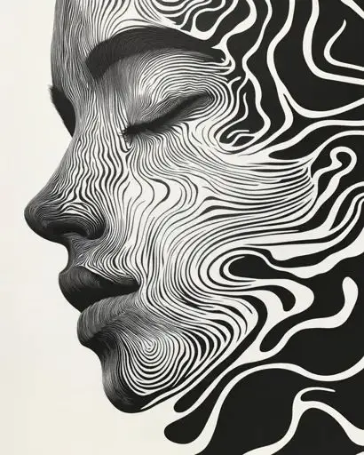 Abstract female face with flowing lines, artistic black and white pattern, serene expression, modern design.