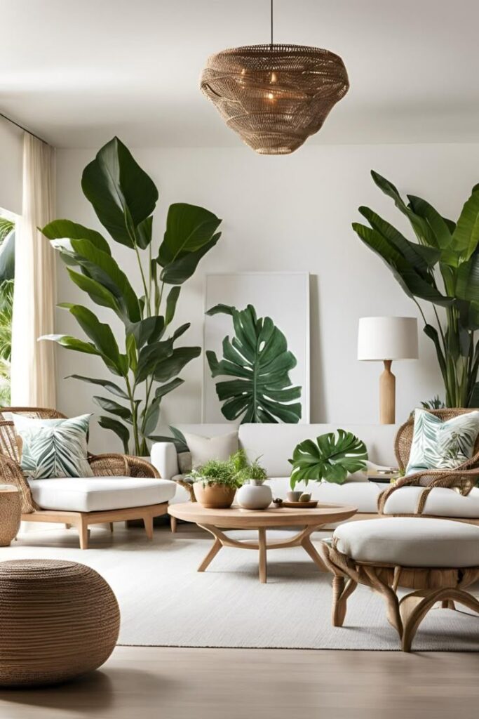 Modern living room with rattan furniture, tropical plants, and minimalist decor for a cozy and natural ambiance.