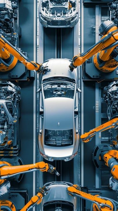 Robotic arms assemble a car on an automotive production line, showcasing advanced manufacturing technology.