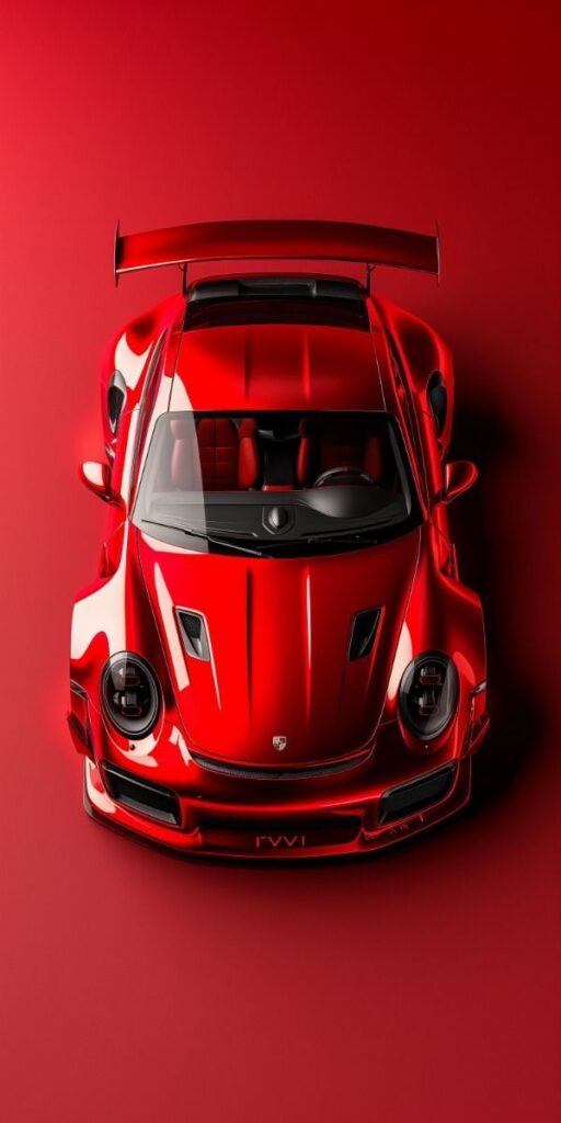 Sleek red sports car with aerodynamic design, viewed from above on a matching red background.